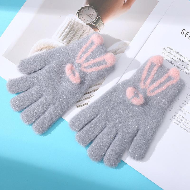 Rękawiczki damskie na zimę dziergane z uroczym króliczkiem z kreskówki, pogrubione, ciepłe, wełniane, z ekranem dotykowym, dla studentów do pisania i jazdy, aby chronić przed falami zimna