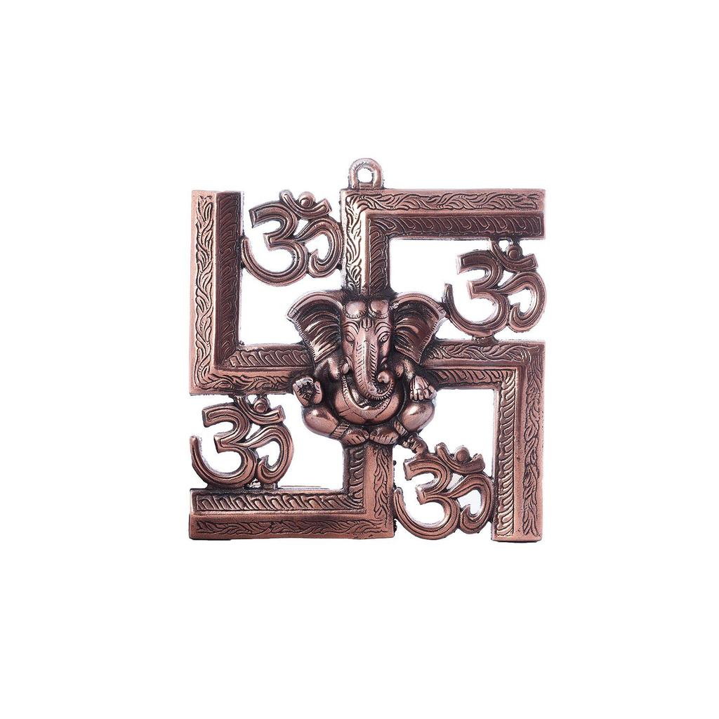 Lord Ganesha on Om Swastik Metal Wall Hanging (22.86 cm x 2.54 cm x 23.87 cm, Brown)