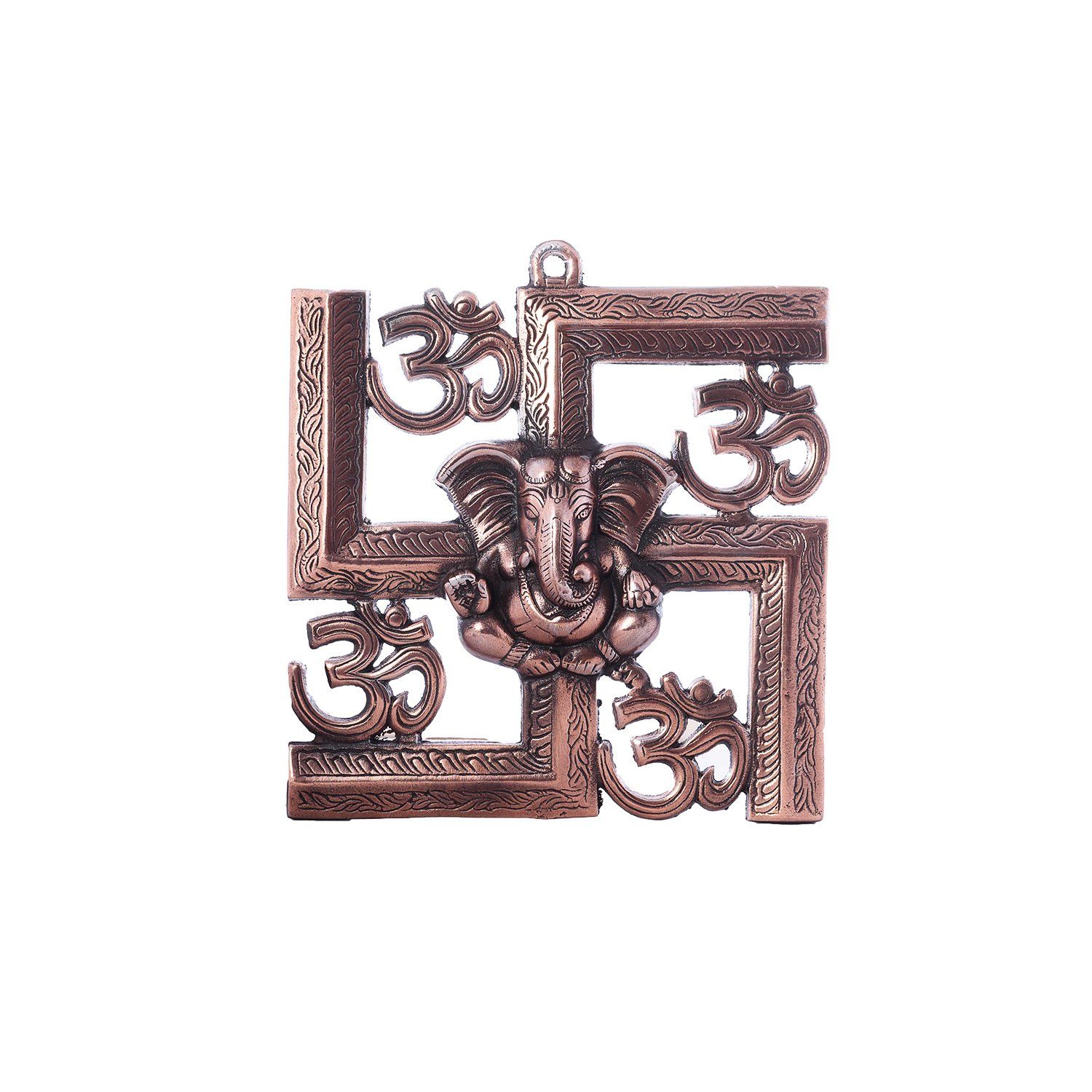 

Lord Ganesha on Om Swastik Metal Wall Hanging (22.86 cm x 2.54 cm x 23.87 cm, Brown)