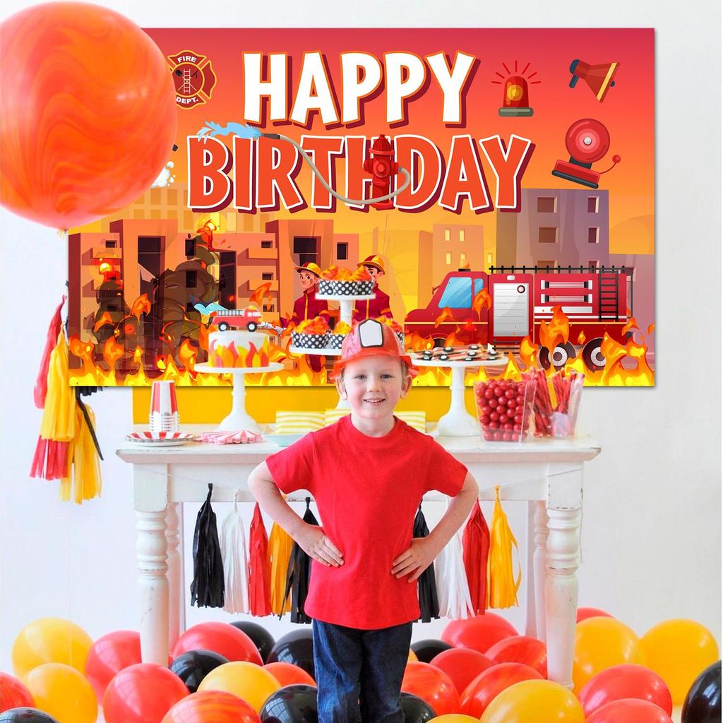 70.8''x43.3'' Fire Truck Birthday Backdrop, Fireman Party Backdrops, Firetruck Happy Birthday Backdrop for Firetruck Birthday Decorations Supplies