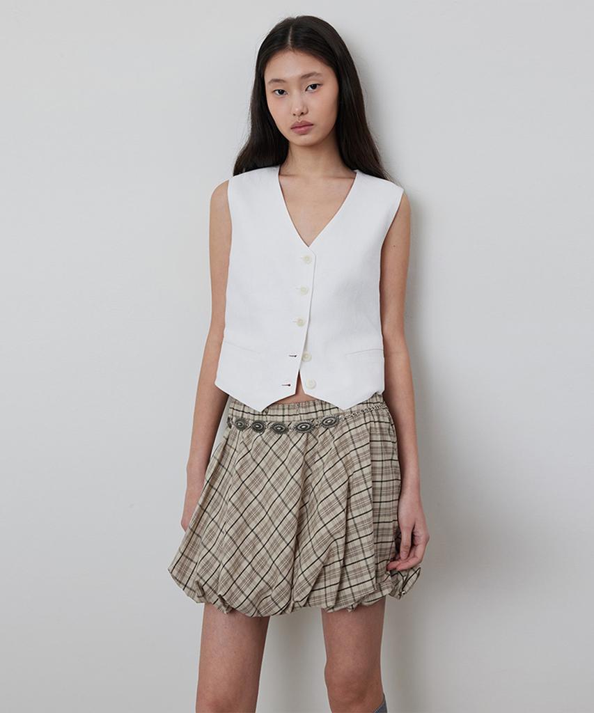 Kwinseulaebis Pumpkin Check Banding Balloon Mini Skirt