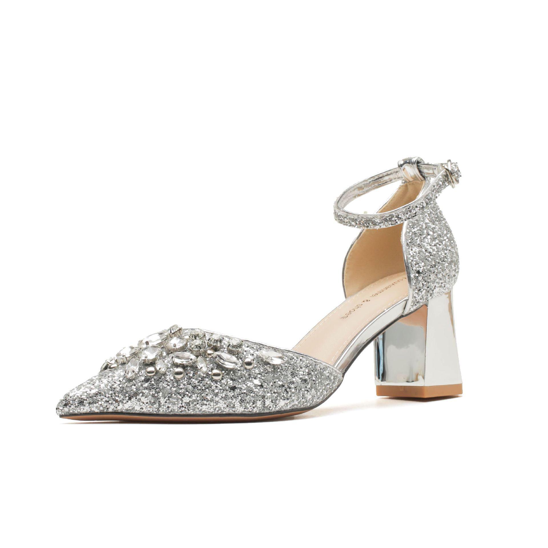 

Свадебные туфли на толстом каблуке с пайетками и пряжкой из стразов Size 39 серебряный