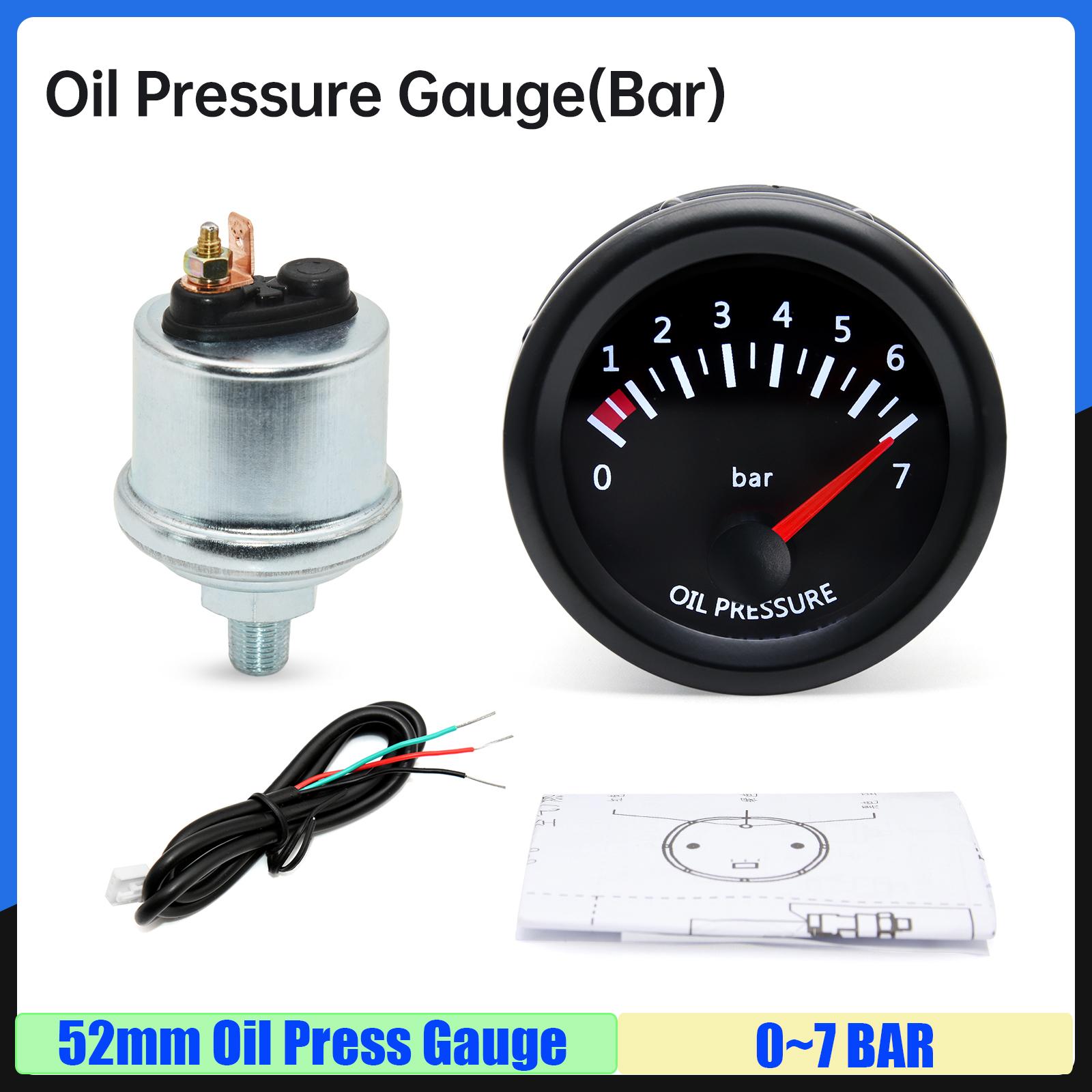 MAIMEIMI White LED Pointer 52MM Oil Pressure Gauge with Sensor 1/8NPT 0~7Bar,0~100PSI Oil Press Meter Indicat for Racing Car 12V 0-7BAR