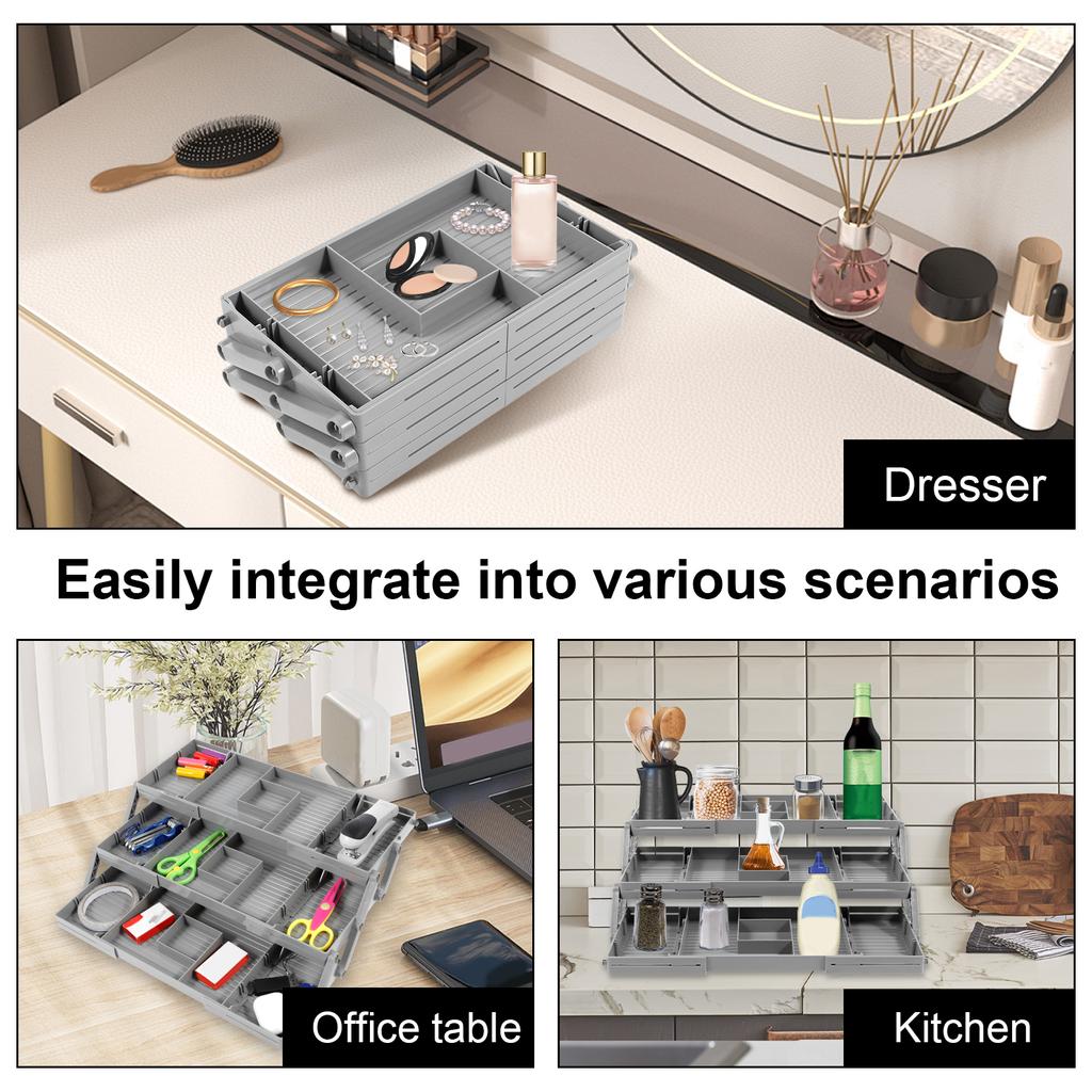 2/3 Tier Drawer Organizer Storage Tray Expandable Drawer Organizer Plastic Multi Level Folding Desk Jewelry Storage Organizer