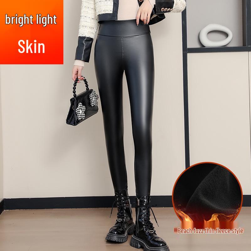 Women's High-Waist Lambswool Fleece-Lined Leather Pants: Slimming, Windproof, Warm Leggings