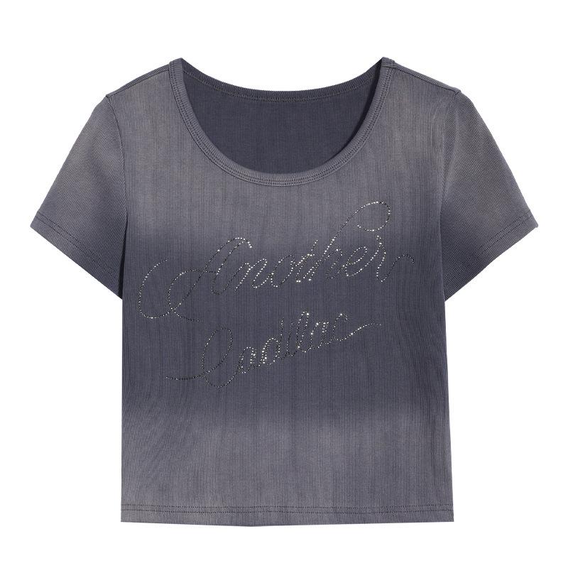 Tuogu Trendy Spicy Girl Rhinestone Letter Cropped T-shirt - Women s Summer Short Sleeve L