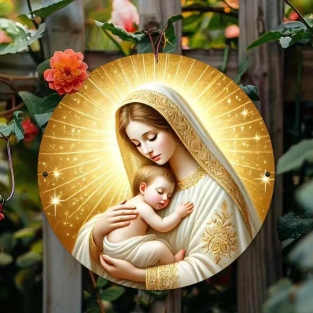 Vintage Metal Wall Art Virgin Mary Gold Halo Infant Jesus Religious Icon