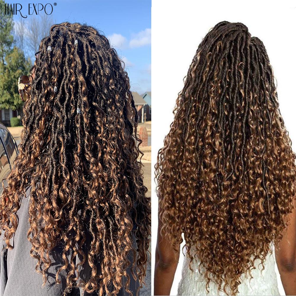 14-26"Goddess Locs Crochet Braids Hair Natural Synthetic Braiding Hair Extension Ombre River Faux Locs With Curly Hair Expo City