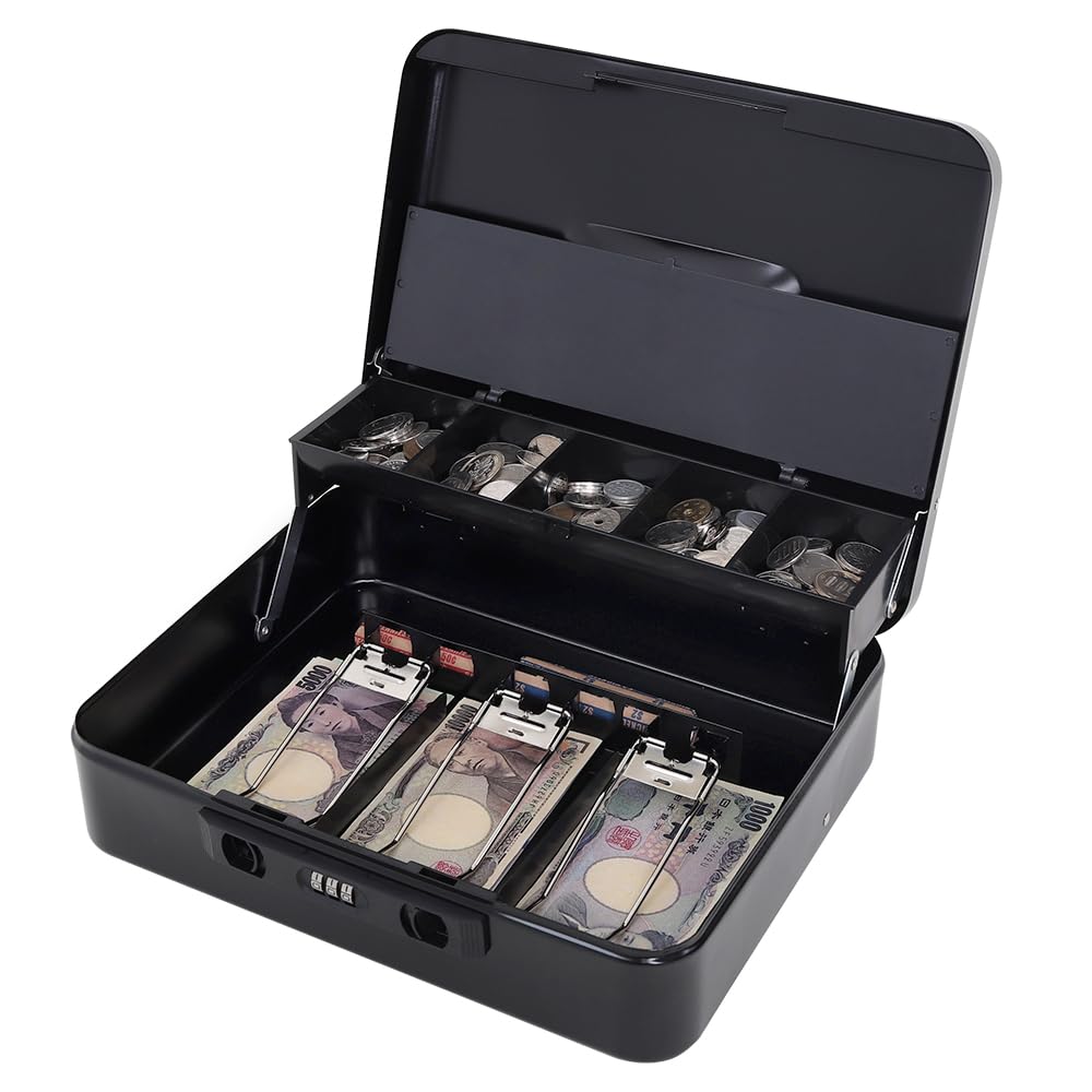 Jssmst (Jessmat) Portable Coin Safe with Dial Lock and Spring Lock, 3 Spring Clips, Metal Coin Organizer, Office Supplies, 30x24x9cm (Black, L)
