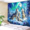 Wolf Tapestry Wall Hanging, Wolves Howling At Full Moon With Aurora Borealis, Snowy Mountain Landscape Tapestry For Living Room