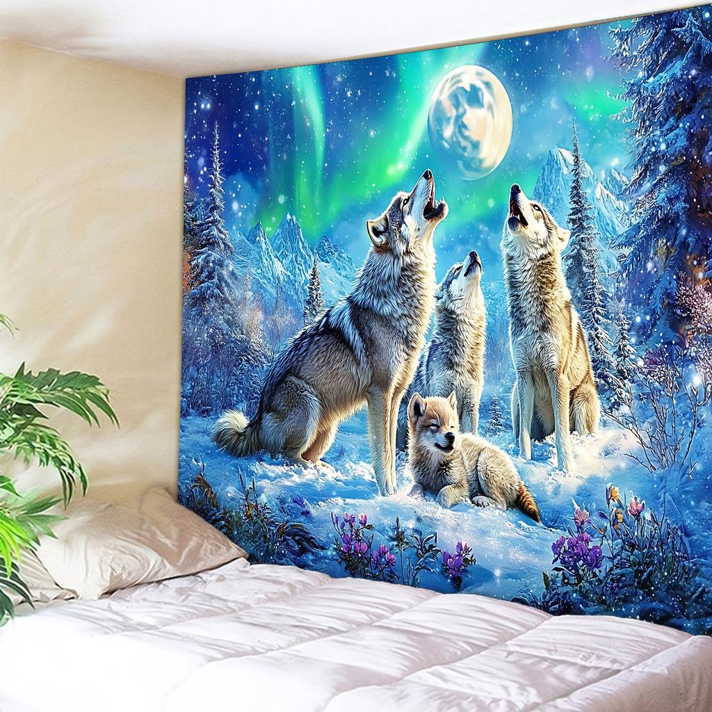 Wolf Tapestry Wall Hanging, Wolves Howling At Full Moon With Aurora Borealis, Snowy Mountain Landscape Tapestry For Living Room