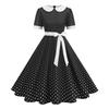 Women Vintage Collar Polka Dot Patchwork Short Sleeve Belted Flared Midi Dress for Casual and Daily Wear