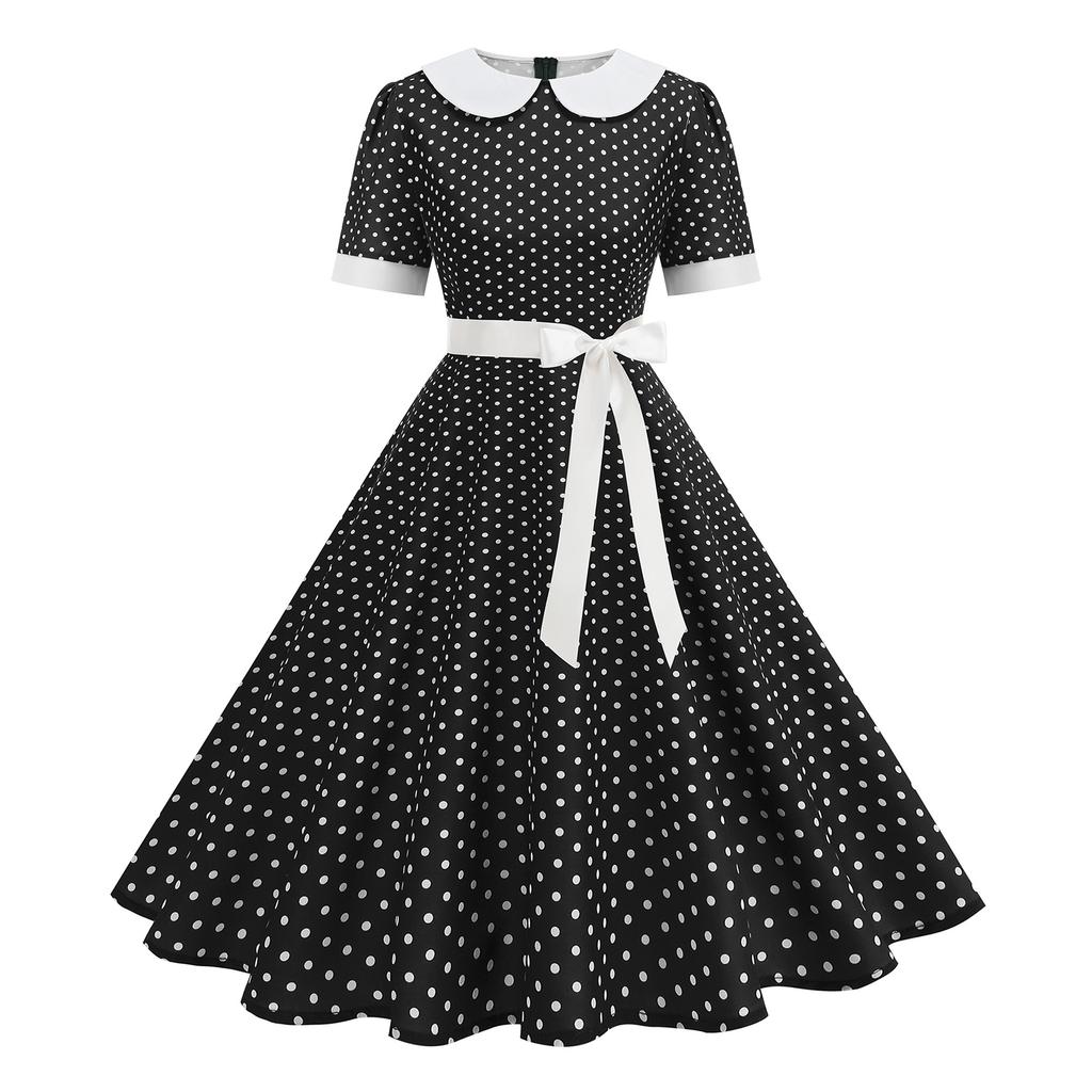 Women Vintage Collar Polka Dot Patchwork Short Sleeve Belted Flared Midi Dress for Casual and Daily Wear