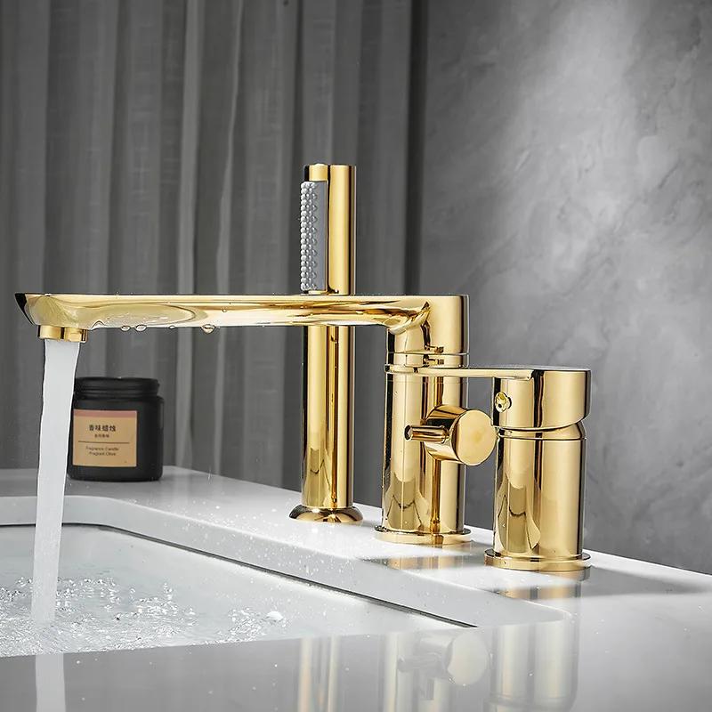 Brushed Gold Bathroom Widespread Basin Faucets Soild Brass Sink Mixer Hot & Cold Lavatory Crane Vessel 3 Holes With Spray Black