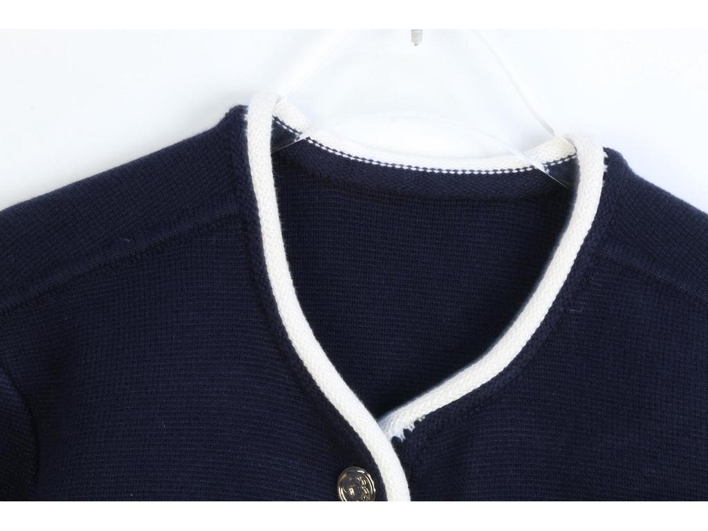 M Family French Color Block Edge Single-Breasted Age-Reducing White Trim Round Neck Long Sleeve Short Knit Cardigan Coat.