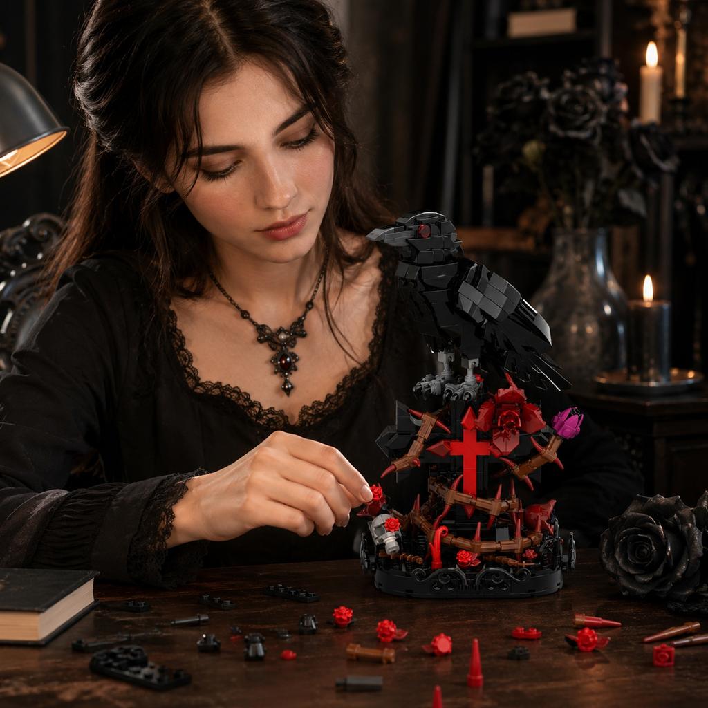 Halloween Gothic Cross and Building Set, Creative Brick Model Kit for Shelf Table Decor