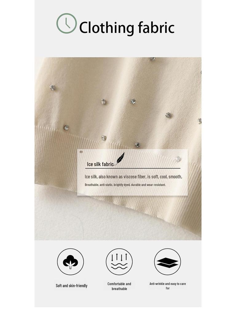 Damski zakrzywiony sweter dzianinowy z okrągłym dekoltem zdobionym koralikami - Krótki rękaw, wysokiej klasy letni top