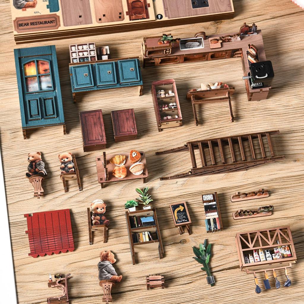 CRESYMME Miniature House Dollhouse Book Nook Wooden DIY 3D Hobby Bread Kit, (Bear's Time)
