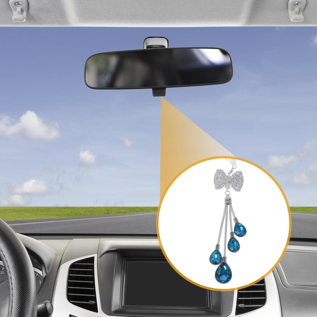 Partuto 1pcs Artificial Crystal Ribbon Droplets Car Rear View Mirror Pendant Accessories Car Hanging Ornament Lake Blue
