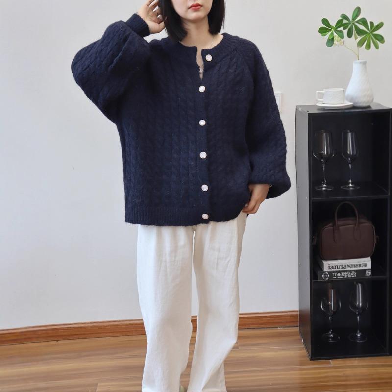 Loose and gentle wind soft waxy sweater jacket autumn and winter new twist crew neck lazy wind knitted cardigan