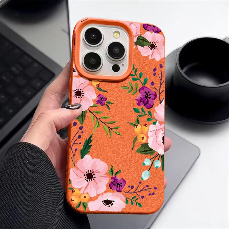 Matte Leather Texture TPU Soft Phone Case For iPhone 16 Pro Max 15 Pro 14 13 12 11 Floral Print Slim Shockproof Bumper Cover