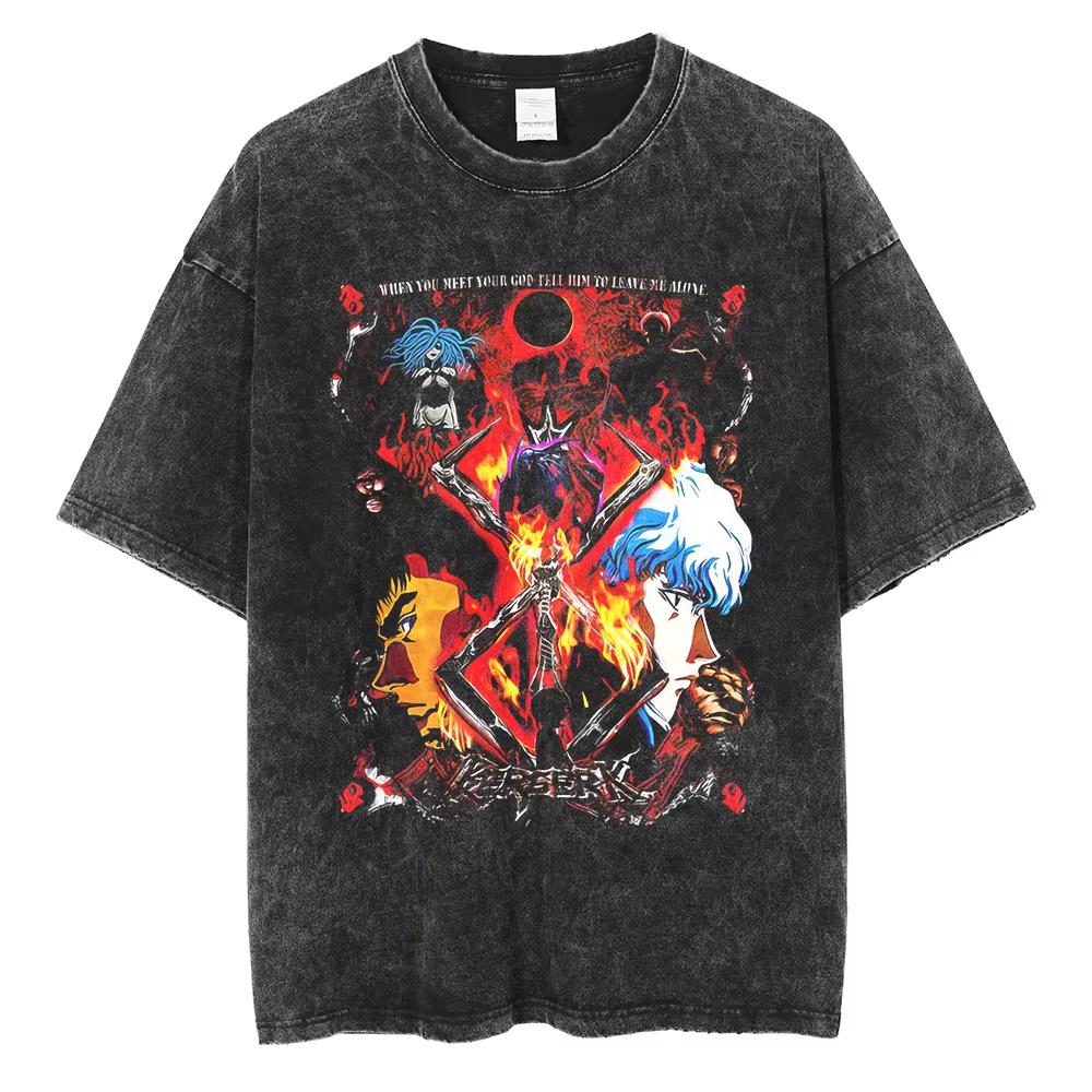 Berserk Anime Guts Charakter Vintage Gewaschenes Baumwoll-T-Shirt Retro Manga Grafik Sommer Kurzarm Locker Geschnittene Oberteile Für Männer Frauen Tägliche Freizeitkleidung