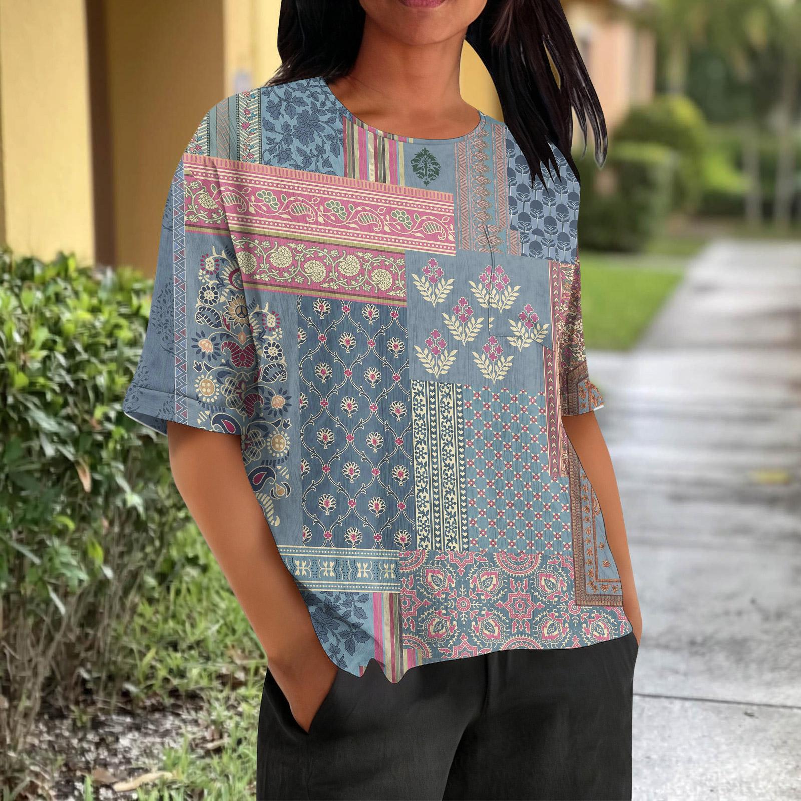 

Fashionable Women s T-shirt Short Sleeved Casual Top With Pockets, Retro Printed Round Neck Lightweight Top XL кавун червоний колір