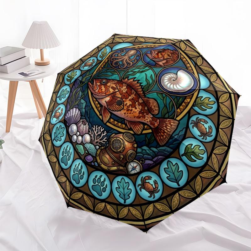 Underwater Marine Life pattern umbrella, portable and foldable design, 8 ribs, a casual accessory for Halloween, Christmas, and birthday gifts.