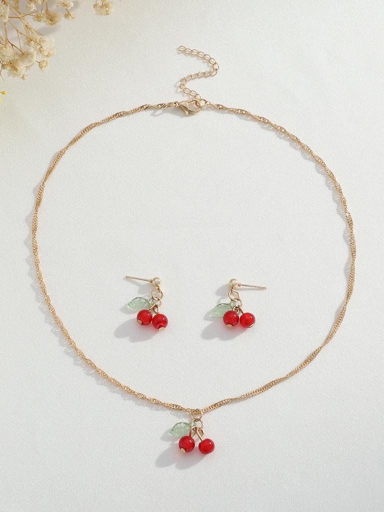 Red Sweet Cherry Clavicle Chain Necklace and Earrings Women's Summer Fashion Green Leaf Pink Cherry Fruit Pendant Zircon Set
