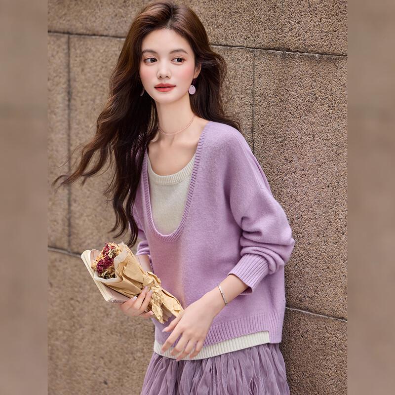 Bailuyu Women's Contrast Faux Two-Piece Knit Sweater