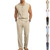 Conjunto de Ropa de Lino de 2 Piezas para Hombre, Chaleco sin Mangas con Cuello y Botones y Pantalones Cónicos Plegados con Tira Cruzada, Traje Casual de Verano para Vacaciones, Varios Colores