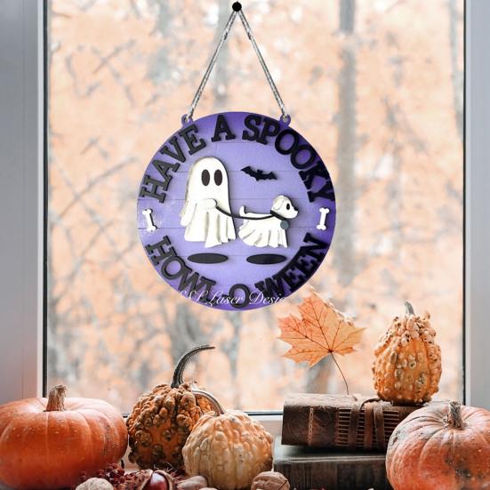 Halloween Ghost Walking Dog Door Sign Wooden Ghost Dog Hanging Doorplate for Front Porch Wall Indoor Outdoor Decor