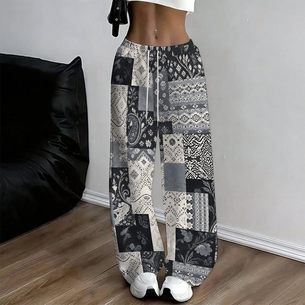 Women Plus Size Red White Plaid Printed Loose Straight Leg Full Length Pants