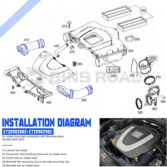 Pair of Air Intake Inlet Duct Tube Hose 2720902982 + 2720902882 Compatible with Mercedes Benz GLK350 2010 2011 2012