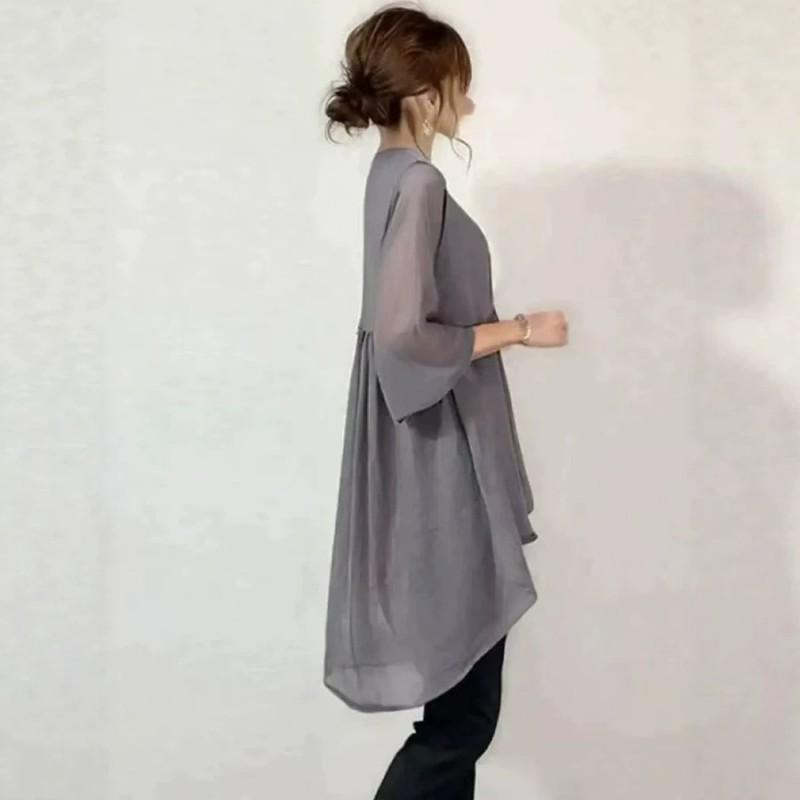 Leichtes Chiffon-Midikleid Damen Lockerer Schnitt Lässig Mit Rundhalsausschnitt Kurze Ärmel UV-Schutz