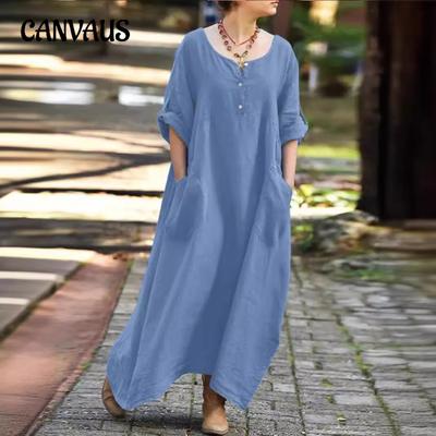 Women's Dress Casual Loose Dresses Long Sleeve V-Neck Pocket Party Plus Size Dresses