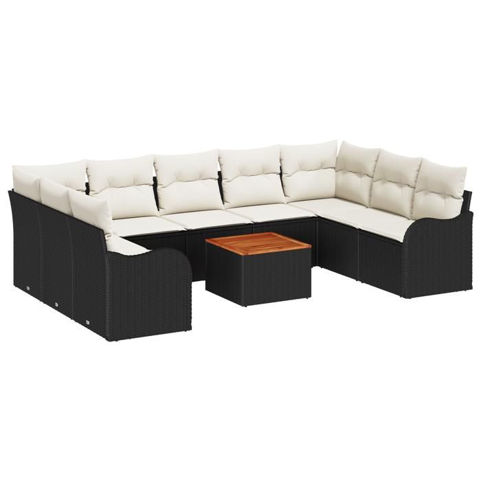 Canapé jardin 10 pièces avec coussins noir poly rotin, Canapé jardin 2 places avec coussins noir poly rotin 3347495
