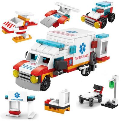 6 IN1 City Ambulance Helicopter Escort Car  Paramedic Doctor Building Blocks Mini Loader Truck Classical Model Sets Bricks Toy