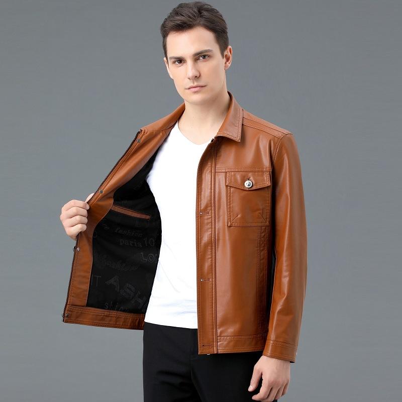 Leather Jacket Men's Velvet Thickened Lapel Autumn and Winter Middle-aged Dad Leather Jacket Casual Coat Soft Leather Top