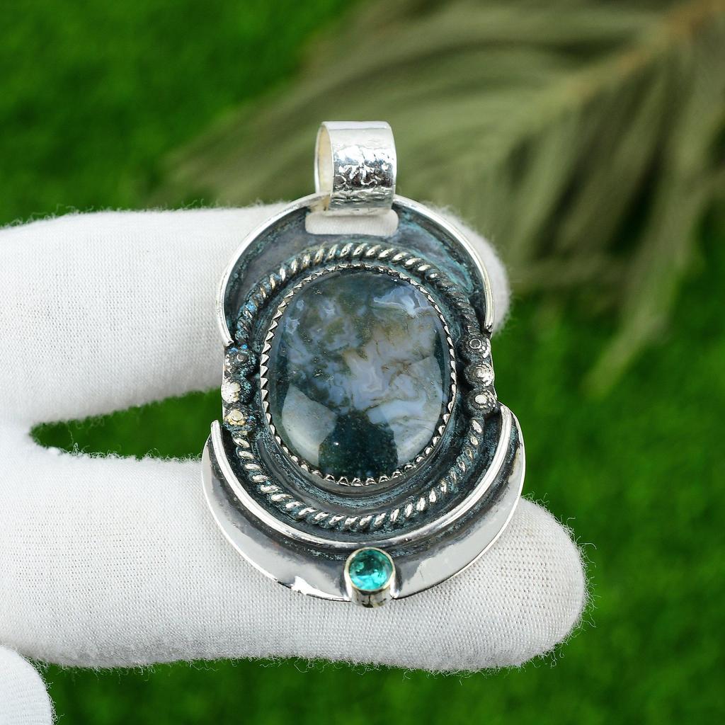 Natural Solar Moss Agate Gemstone Pendant 925 Sterling Silver Jewelry For Women