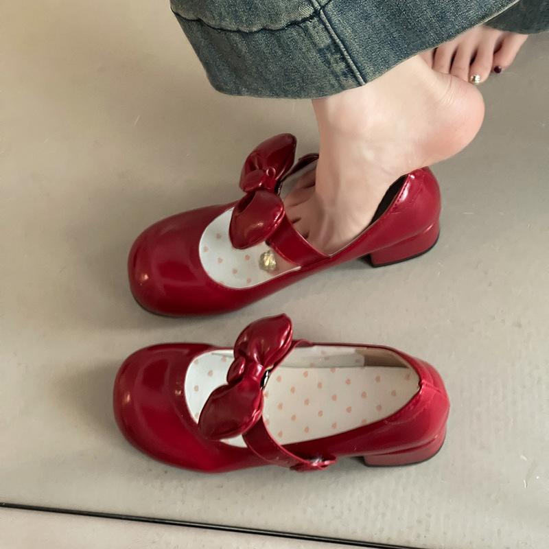 Summer retro style removable bow small leather shoes fashion high heel Mary Jane shoes women's skirt thick heel single shoes