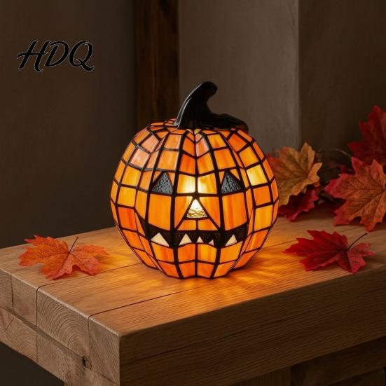 Jack-O-Lantern Nigh Light 1/2Pcs Halloween Bow Pumpkin Light Stained Glass Desk Lamp Table Centerpieces Spooky Decoration for Home Office Fall