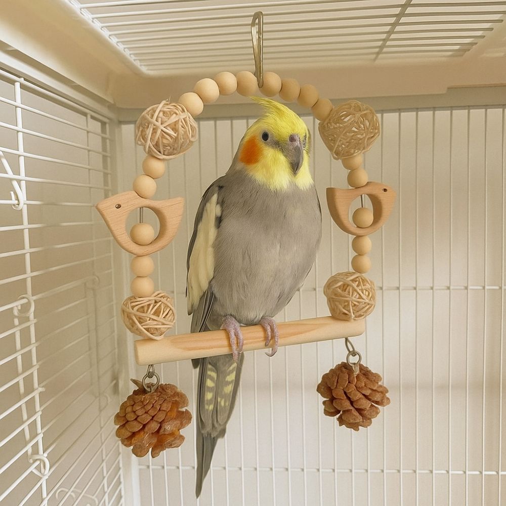 Hang Bird Swing Toy Wooden Bird Foraging Swing Funny Parrot Cage Toy Entertainment