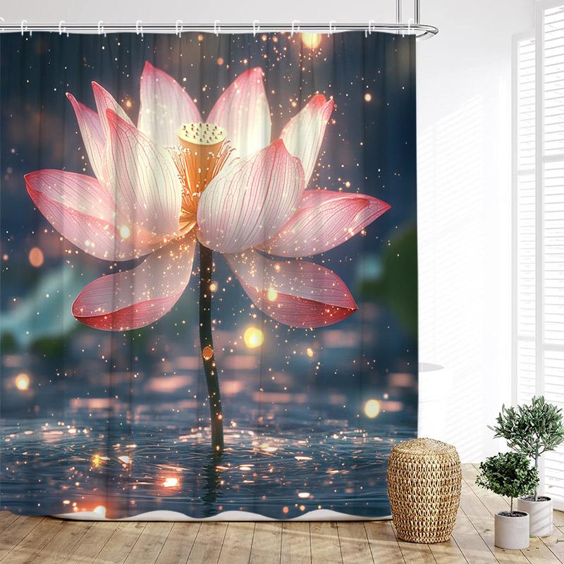 Lotusblommor Duschdraperi Naturliga Gröna Blad Växt Floral Kinesisk Stil Badgardiner Tyg Hem Badrumsinredning med Krokar