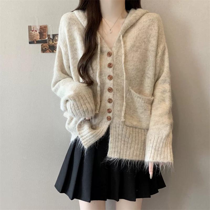 Women's Fluffy Hooded Knit Cardigan - Loose Fit, Korean Style for Autumn and Winter