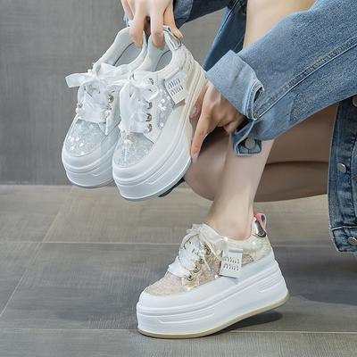 Frühling Sommer Schuhe Damen Flache Plattform Marke Weiße Schuhe Atmungsaktives Mesh Süße Damen Höhenerhöhend 7cm