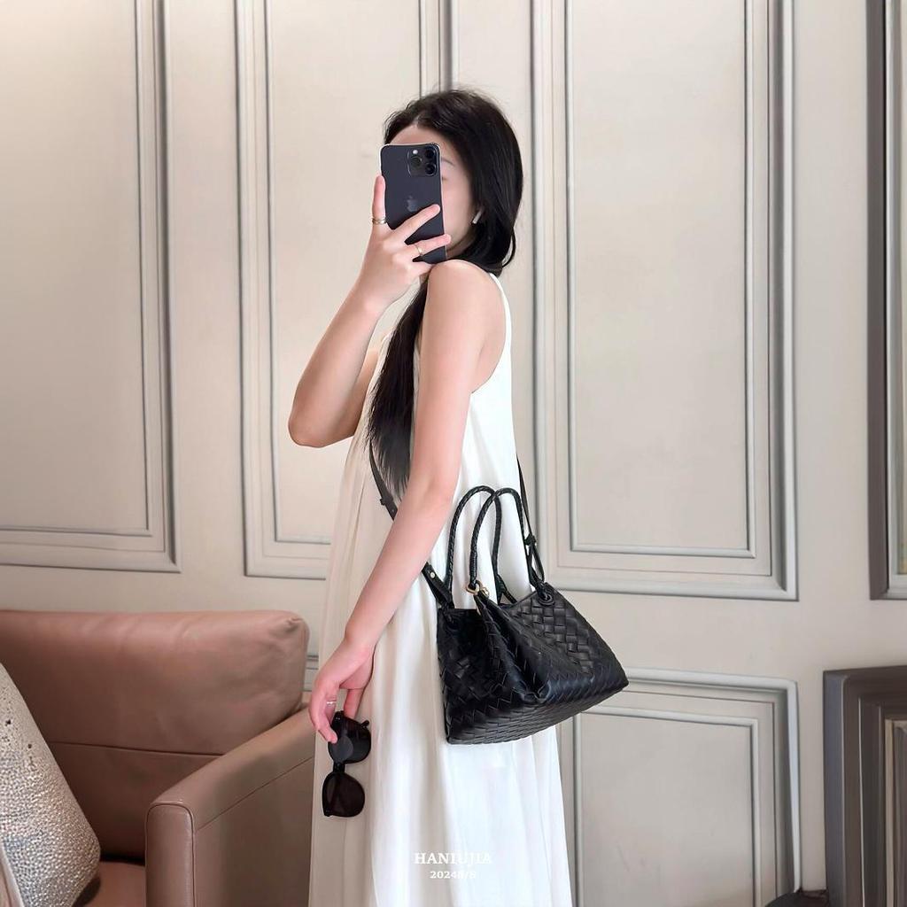 Geantă Coș Împletit din Piele Naturală B 2024 - Capacitate Mare, Stil Shu Qi, Coș de Legume din Piele de Vacă, Femei.