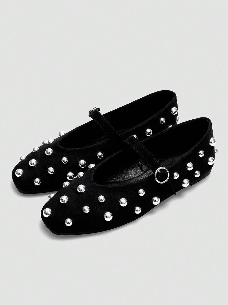 Black Mary Jane Flats, Silver Rivet Decor One-Strap Buckle, Retro Elegant Shoes