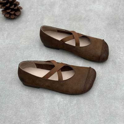 Natūralios odos moteriški batai, rankų darbo, su kvadratiniu priekiu, plokščiapadžiai, su kryžminiais dirželiais, minkštu padu