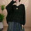 DIMANAF 2025 Sweater Autumn Bat Winter Women Solid V-Neck Sweaters Knitting Loose Red Sweater